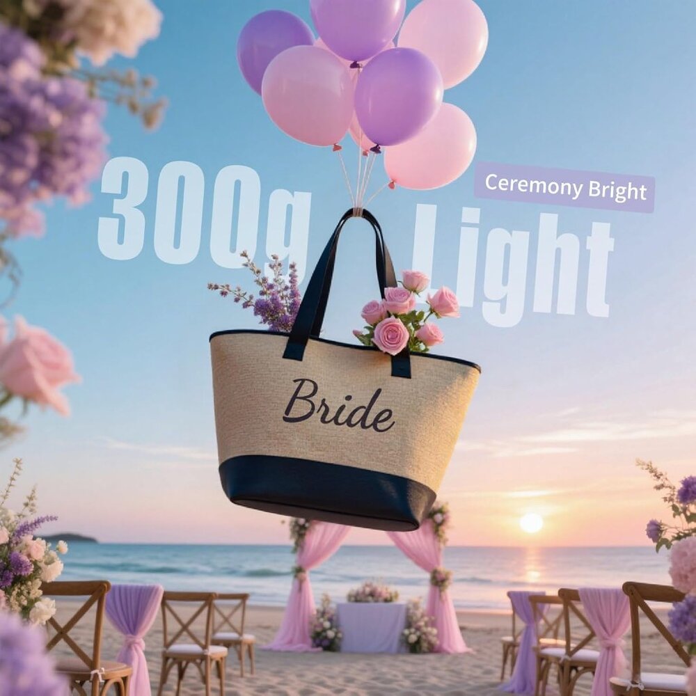 Woven Tote Bag for Women, Lightweigh Monogram Beach Bag with Zipper & Sand-Proof - Picture 3 of 10